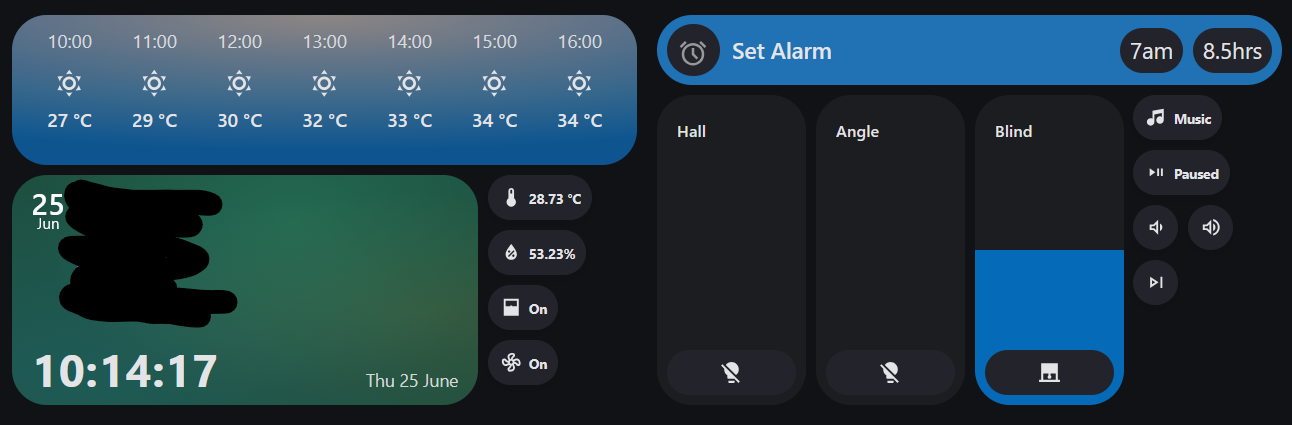 The dashboard for my alarm clock showing widgets that display my calendar, the time, the weather, controls for my smart lights and blind, and alarm controls