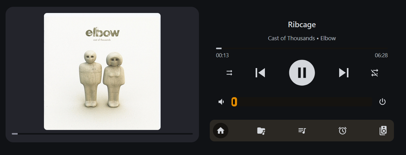 The music dashboard for the alarm clock that has the normal play/pause/artist information/album cover in a visually pleasing layout.